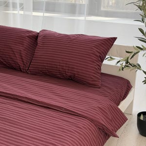 Burgundy Striped Queen King Sheet Sets: Flat and Fitted with Deep Pocket, 100% Organic Cotton, Custom Sizes