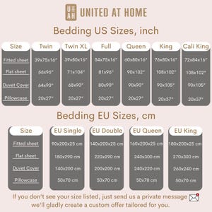 The image is a list of US sizes for various types of bedding, including twin, twin XL, full, queen, king, and cali king. It provides the corresponding measurements for fitted sheet, flat sheet, duvet cover, pillowcase, and pillow. The list is organized by size and includes options for both European and US sizes.