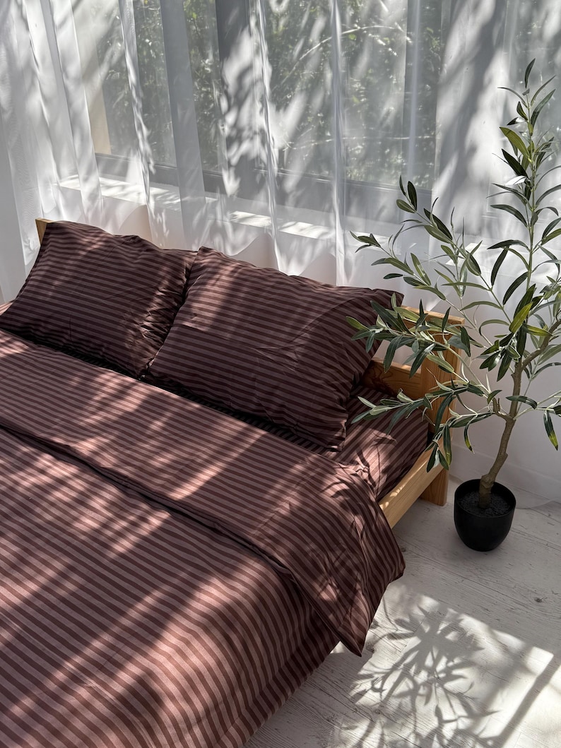 Brown Bedding Set 4 pc, Striped Duvet Cover King Queen Full and Custom, Cotton Fitted Sheet, Farmhouse Bed Set image 3