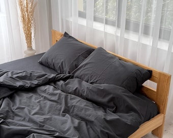 Charcoal Gray Duvet Cover Set King Queen, Soft Washed Cotton Bedding, Minimalist Comforter Cover