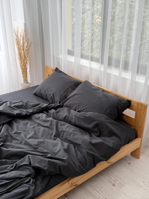 Charcoal Gray Duvet Cover Set King Queen, Soft Washed Cotton Bedding, Minimalist Comforter Cover