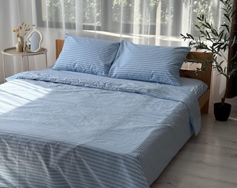 Stripe Bedding Set of 4pc, Light Blue Duvet Cover King Queen, Flat or Fitted Sheet and 2 Pillow Covers, Custom Sizes