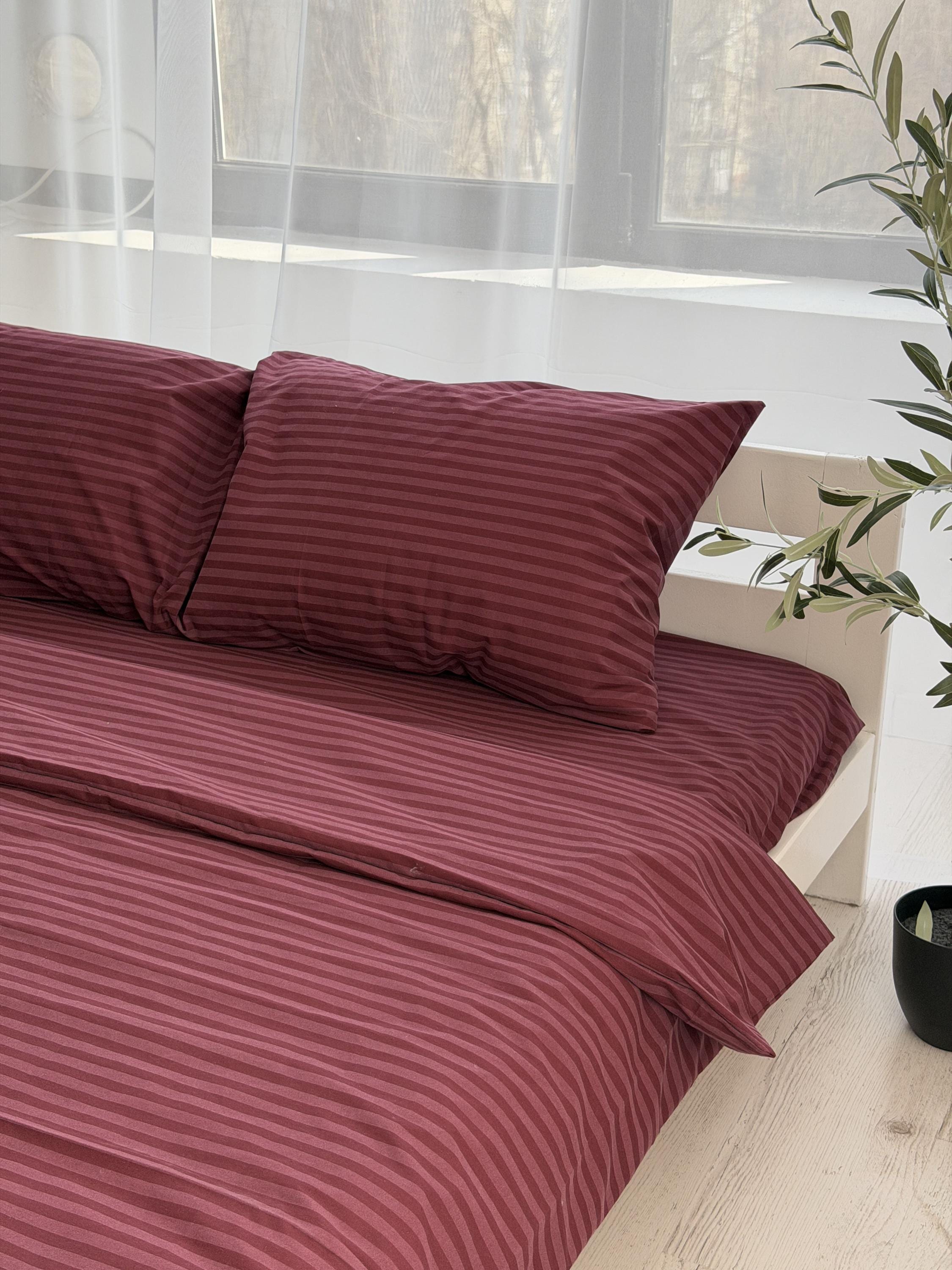 Striped Check Raspberry Raspberry Striped Cotton Fitted Sheet With Soft Elastic, Burgundy Flat ...