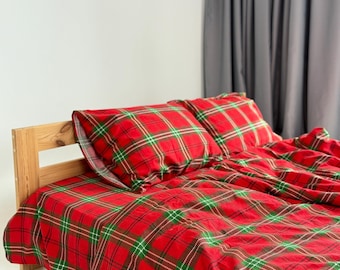 Plaid Flannel Christmas Bedding Set, Christmas Theme Decor, Red Green Plaid Duvet Cover Queen King Double and Custom Christmas Gifts for Her