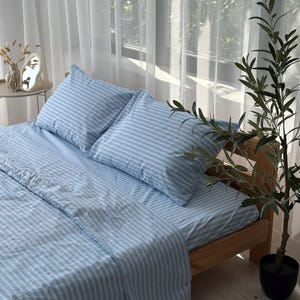 Striped Light Blue Bedding Set: Cotton Duvet Cover Zipper Closure, Flat or Fitted Sheet and 2 Pillowcases, New Home Gift for Men