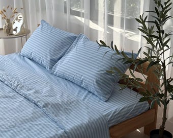 Striped Light Blue Bedding Set: Cotton Duvet Cover Zipper Closure, Flat or Fitted Sheet and 2 Pillowcases, New Home Gift for Men