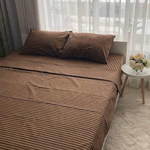 Sábanas de rayas marrón oscuro: planas o ajustables, tamaño Queen, King y Twin, juego de sábanas 100 % algodón, ropa de cama de rayas finas