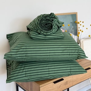 Striped Sage Green Cotton Sheet Set with 2 Pillowcases, 100% Natural Flat and Fitted Sheets, Custom Size