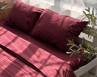 Striped Burgundy Bedding 4pcs, Queen Duvet Cover, Flat or Fitted Sheet and Pillow Covers, 100% Organic Cotton, Custom Sizes
