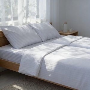 European Striped Twin Duvet Cover, White Organic Cotton Bedding, Custom Size US and EU/AU