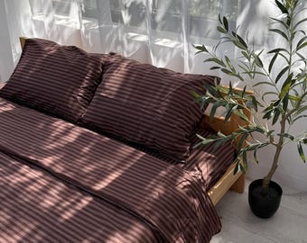 Specialanpassat dra-på-lakan med extra djup ficka, randigt brunt platt och dra-på-lakanset - Enkelt dra-på-lakan queen size/king size, anpassad storlek