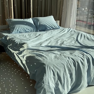 Sky Blue Cotton Bedding Set, 4pc Duvet Cover with Pillowcases, Queen King Twin Sheets, Soft Custom Size Bedding, Cozy Housewarming Gift