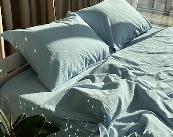 Washed Cotton Pillowcases, Boho Sky Blue Pillow Sham, Standart, Queen & King Sizes, Digital Only