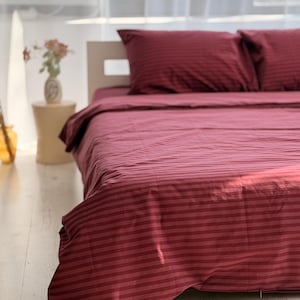 Burgundy Stripe Duvet Cover Set, Maroon Striped Cotton Pillowcases and Quilt Cover Queen, King and Custom