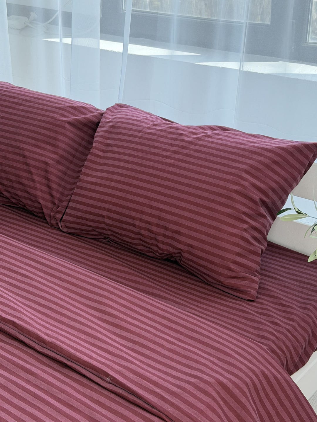 Striped Check Raspberry Raspberry Striped Cotton Fitted Sheet With Soft Elastic, Burgundy Flat ...