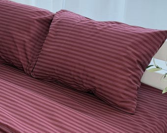 Sábana bajera ajustable de algodón a rayas frambuesa con elástico suave, sábana encimera burdeos para un dormitorio acogedor, ropa de cama suave
