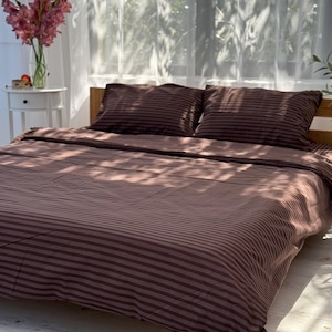 Striped Cotton Bedding, Chocolate Brown Bedding Set, Flat or Fitted Sheet and Soft Pillowcases Set, 100% Organic Bed Set