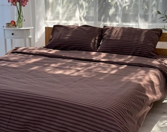 Striped Cotton Bedding, Chocolate Brown Bedding Set, Flat or Fitted Sheet and Soft Pillowcases Set, 100% Organic Bed Set