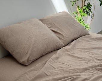 Cappuccino Cotton Bedding Set: Fitted and Flat Sheets and Elastic Pillow Covers - Twin Full Queen King and Custom Sizes