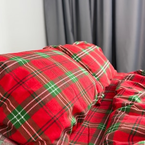 Christmas Plaid Flannel Bedding 3pc: Sheet and Pillowcase Set, Red Green White Tartan Plaid, Flat or Fitted Sheets