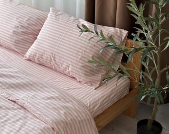 Drap-housse en coton avec élastique, ensemble de draps roses : drap-housse et housse de couette en coton rayé, linge de lit rose poudré à rayures