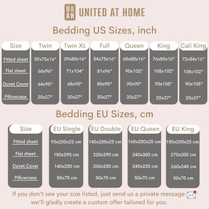 The image is a list of US sizes for various types of bedding, including twin, twin XL, full, queen, king, and cali king. It provides the corresponding measurements for fitted sheet, flat sheet, duvet cover, pillowcase, and pillow. The list is organized by size and includes options for both European and US sizes.