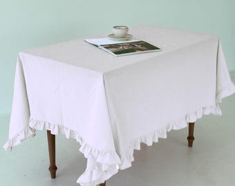 Minimalist white cotton table cloth with ruffles, Kitchen or living room tablecloth, Classic eco tablecloth, Grandma or mom gift idea