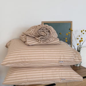 Stripe 100% Cotton Fitted Sheet Twin King: Soft Elastic Beige Bedding, Flat Sheets Set