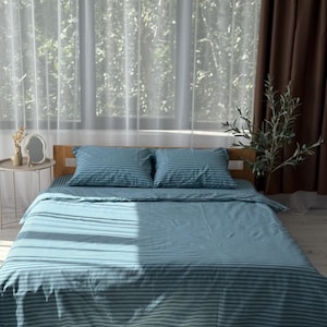 Dusty Teal Cotton Fitted Sheet Set, Twin Flat Bedsheet, Organic Pillow Cover - Custom Size