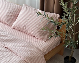 Pink Cotton Striped Bedding, Modern Striped Comforter and Sheet Set King Queen Double Full, Organic Pillow Cover