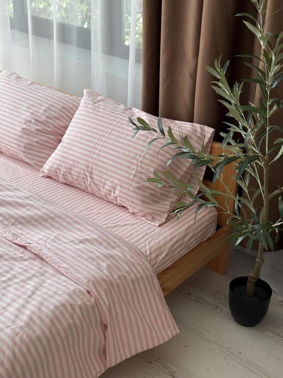 Pink Cotton Striped Bedding, Modern Striped Comforter and Sheet Set King Queen Double Full, Organic Pillow Cover