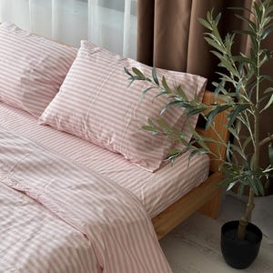 Sábana ajustable de algodón con banda elástica, juego de sábanas rosa: sábana ajustable y plana de algodón a rayas, ropa de cama a rayas rosa ruborizado