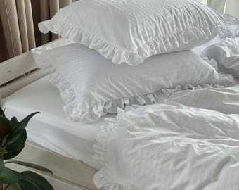 100% Organic White Bed Set of 4pc: Ruffled Duvet Cover and Pillow Cover, Aesthetic Bedding, Cottagecore Bed Linen