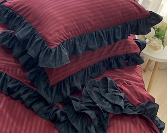 Burgundy Ruffle Striped Duvet Cover Set for Cozy Romantic Bedroom with 2 Pillowcases