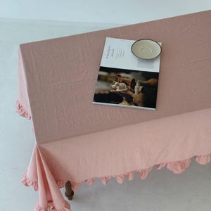 Peach organic cotton table cloth with ruffles, Kitchen or living room tablecloth, Boho natural tablecloth, Housewarming gift idea
