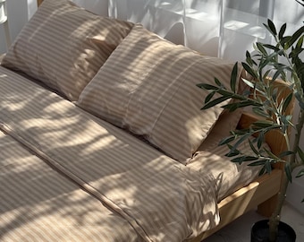 Cappuccino en beige beddengoedset van 4 stuks: plat of hoeslaken, gestreept dekbedovertrek kingsize, kussensloop 2, op maat gemaakt beddengoed