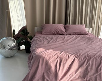 Mauve Sheets and Pillowcases Set of 4pc: 100% Washed Cotton Bedding Set with Raspberry Duvet Cover Queen Single Double and Custom Size
