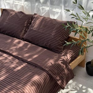 Brown Bedding Set 4 pc, Striped Duvet Cover King Queen Full and Custom, Cotton Fitted Sheet, Farmhouse Bed Set image 1
