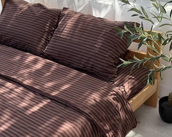 Brown Bedding Set 4 pc, Striped Duvet Cover King Queen Full and Custom, Cotton Fitted Sheet, Farmhouse Bed Set