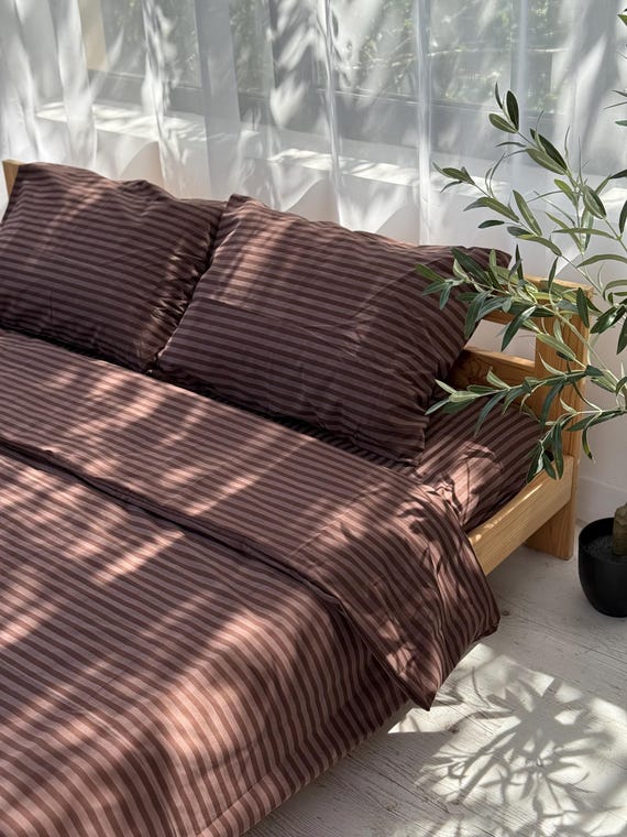Brown Bedding Set 4 pc, Striped Duvet Cover King Queen Full and Custom, Cotton Fitted Sheet, Farmhouse Bed Set