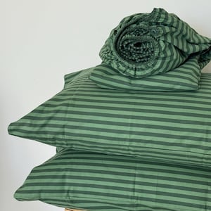 Sage Green Bed Sheets Set: Flat and Fitted, Soft Organic Striped Cotton Bedsheet Set - Twin XL Full Queen King