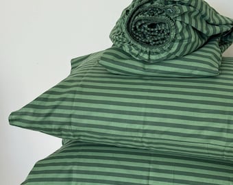 Sage Green Bed Sheets Set: Flat and Fitted, Soft Organic Striped Cotton Bedsheet Set - Twin XL Full Queen King