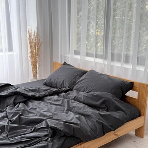 Charcoal Gray Duvet Cover Set King Queen, Soft Washed Cotton Bedding, Minimalist Comforter Cover image 3