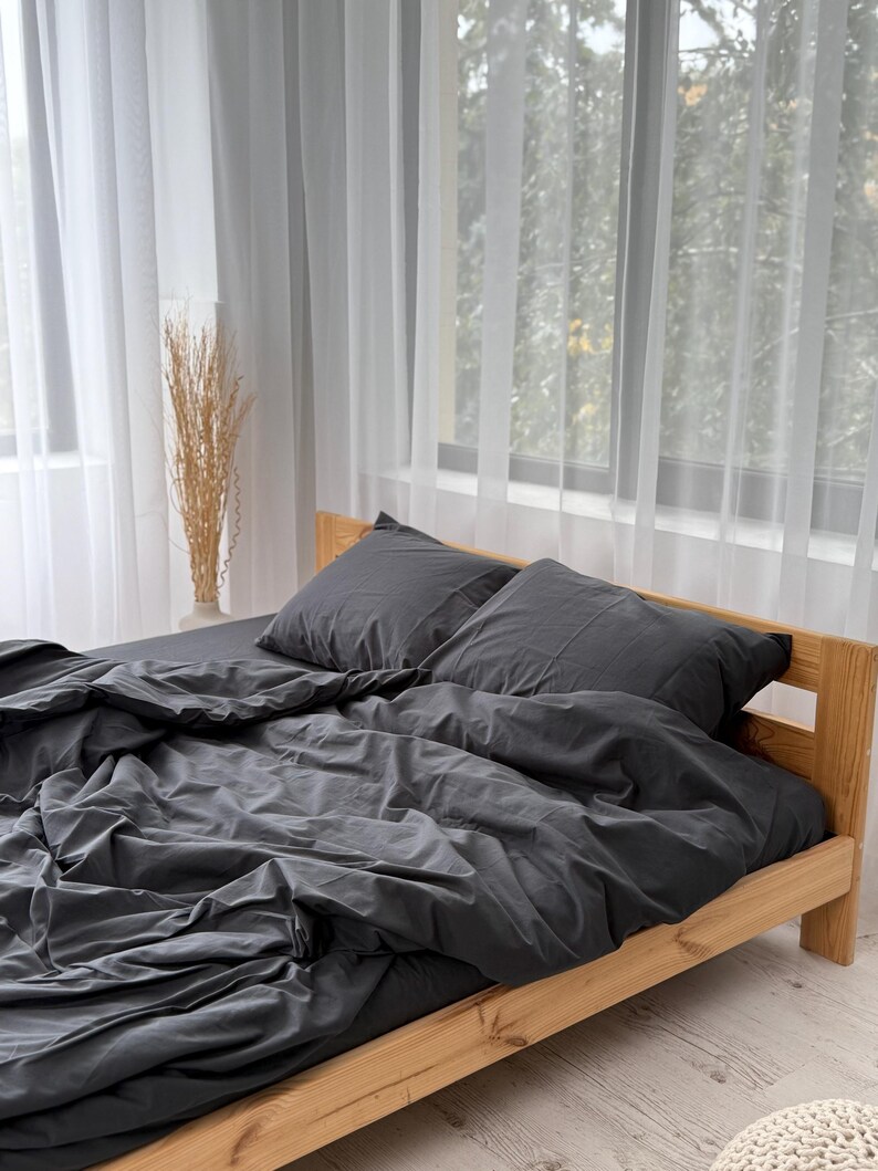Charcoal Gray Duvet Cover Set King Queen, Soft Washed Cotton Bedding, Minimalist Comforter Cover image 3