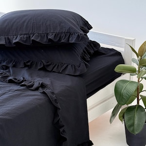 Black Ruffled Bedding Set: Duvet Cover, 2 Pillow Сases, Fitted Sheet or Flat, Bedding 4 Pieces, 100% Cotton Boho Bedding