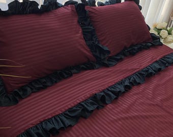 Burgundy Striped Bedding with Black Ruffle, Dark Romantic Duvet Cover, Aesthetic Cotton Bed Sheet