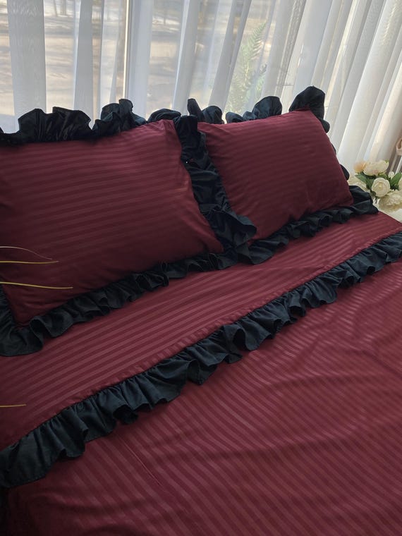 Burgundy Striped Bedding with Black Ruffle, Dark Romantic Duvet Cover, Aesthetic Cotton Bed Sheet