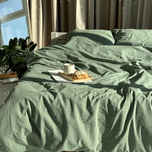 Housse de couette en coton vert sauge, Housse de couette bio, Literie douce et respirante, Taille et couleur personnalisées