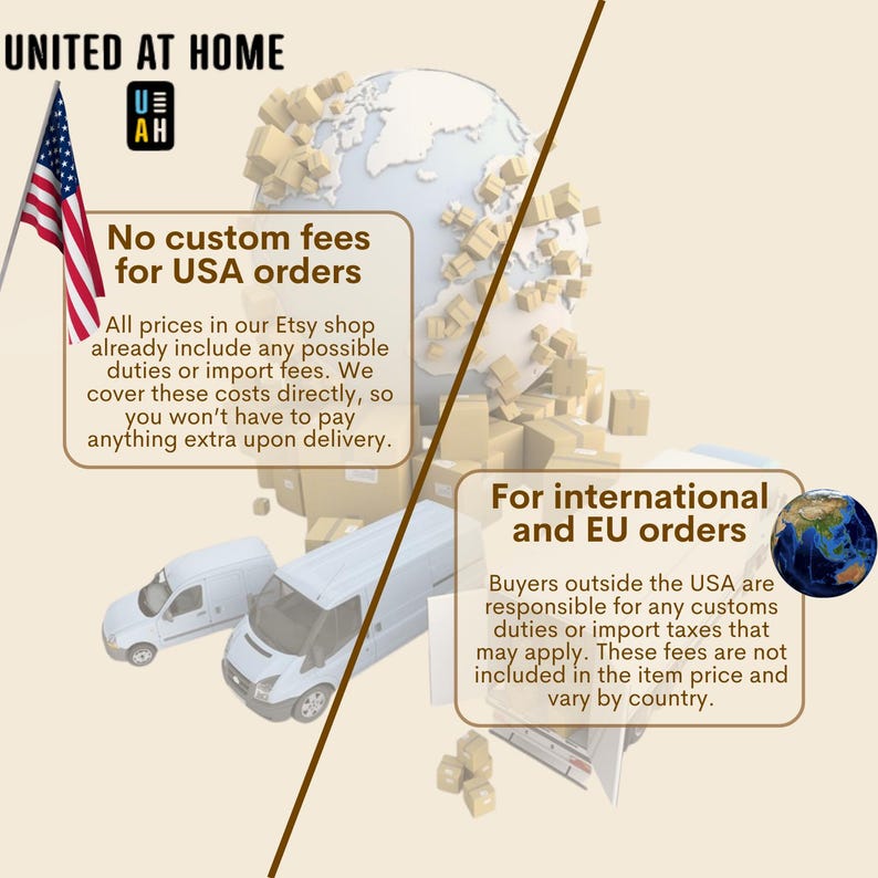 The image is a comparison between two different pricing models for shipping orders. The left side shows a USA (United States of America) model, where there are no custom fees, and the right side shows an international model, where there are customs duties and import fees included in the item price and vary by country.