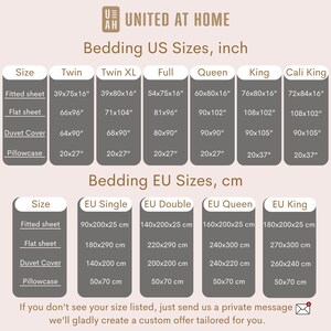 The image is a list of US sizes for various types of bedding, including twin, twin XL, full, queen, king, and cali king. It provides the corresponding measurements for fitted sheet, flat sheet, duvet cover, pillowcase, and pillow. The list is organized by size and includes options for both European and US sizes.